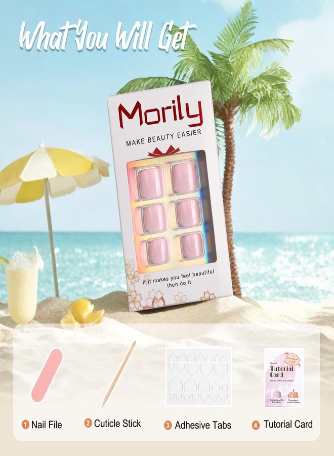 morily أظافر قدم صناعية من موريلي، لون وردي فاتح، أظافر قدم قصيرة من الأكريليك، أظافر قدم مربعة الشكل، قابلة لإعادة الاستخدام، تغطي القدم بالكامل، مناسبة للشاطئ، للنساء - 28 قطعة بـ 14 مقاسًا - Image 4